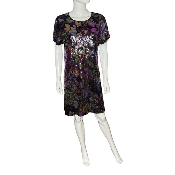 London Times Women's Round-Neck Sequin Shift Dress Plum Multi Sz 12 NWT - Picture 2 of 9